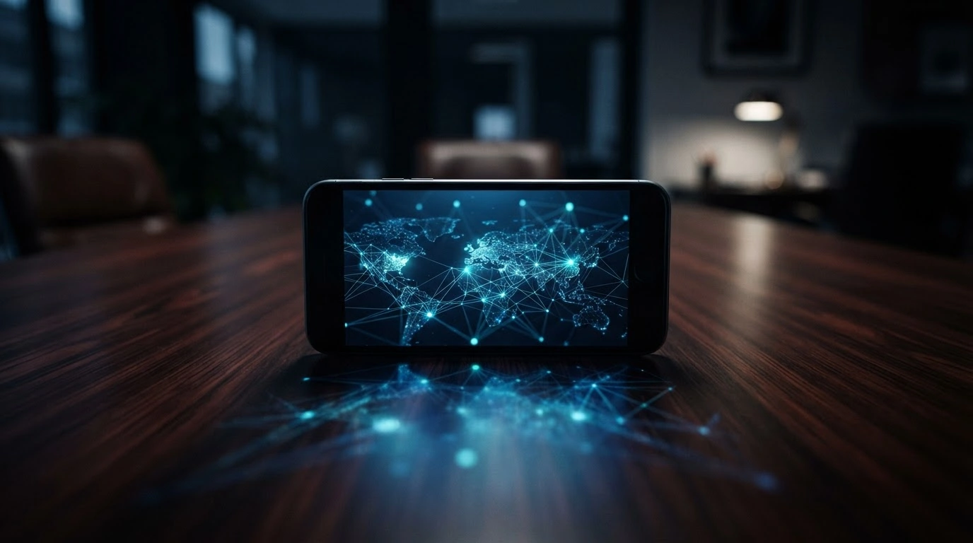 A smartphone screen displays a glowing digital network, representing the Workers' Party complaint against Meta regarding electoral interference at the Organization of American States.