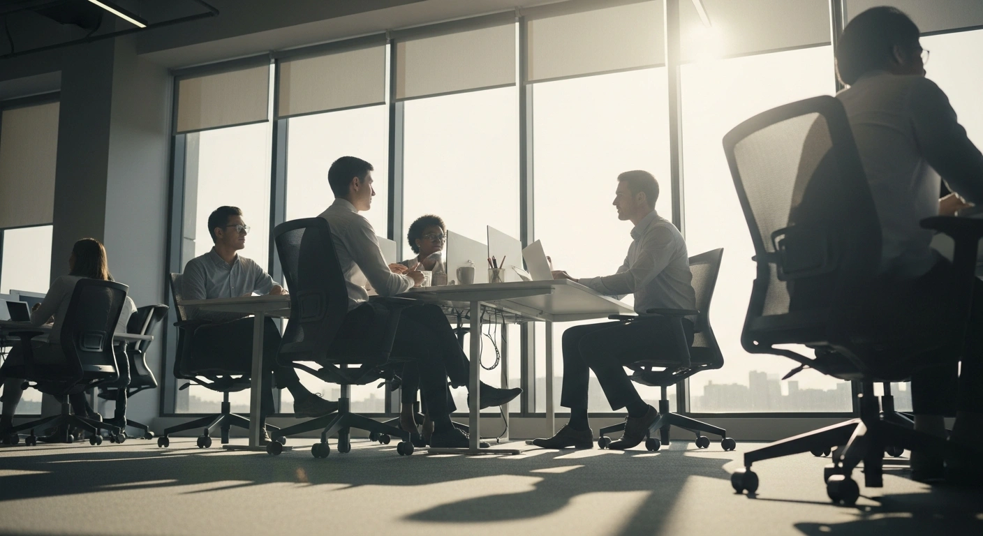 A diverse group of employees works in a modern, well-lit office environment designed to support mental health and psychosocial well-being in Brazil.