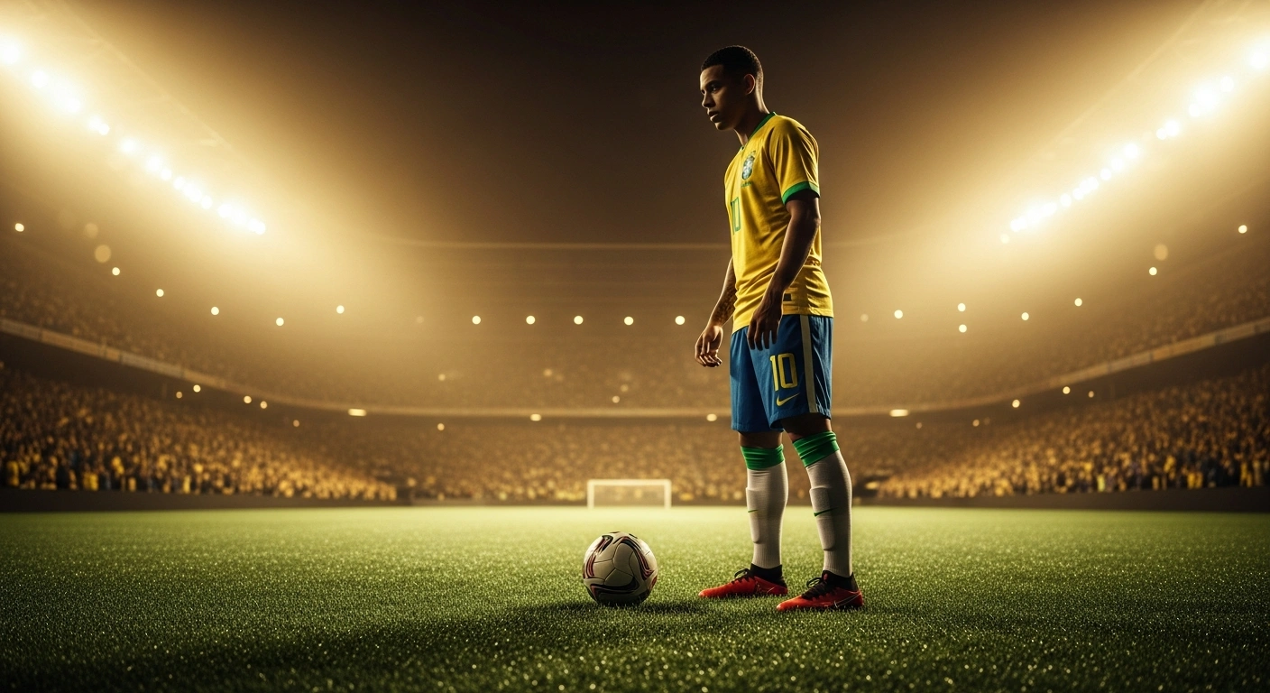 A Brazilian national football team player stands on the pitch during final preparations for their opening 2026 FIFA World Cup match against Morocco.
