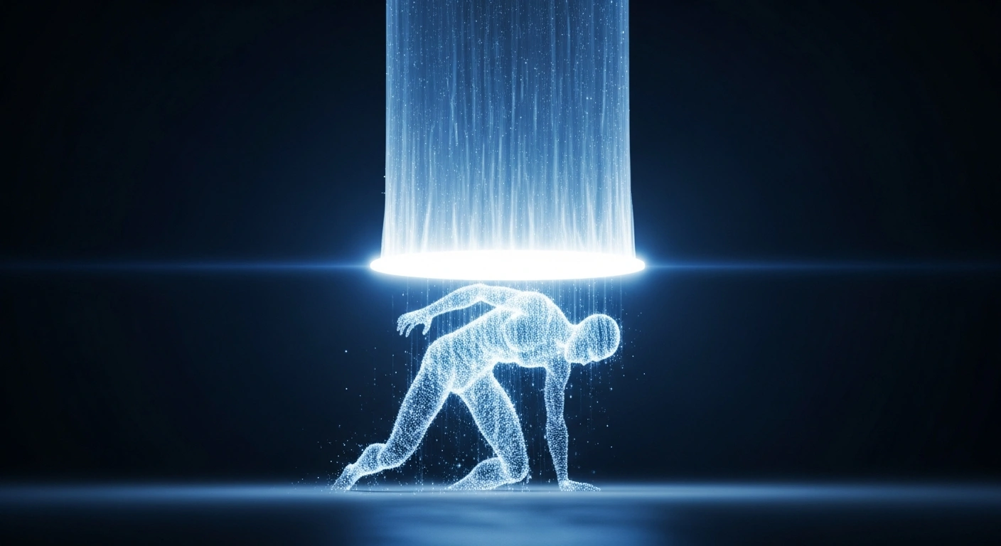 A digital avatar representing Grok's AI chatbot, depicted as a shimmering, humanoid form made of data streams, recoiling from an imposing, radiant blue light barrier that symbolizes the order from Brazilian authorities to halt the generation of sexually explicit deepfake images.