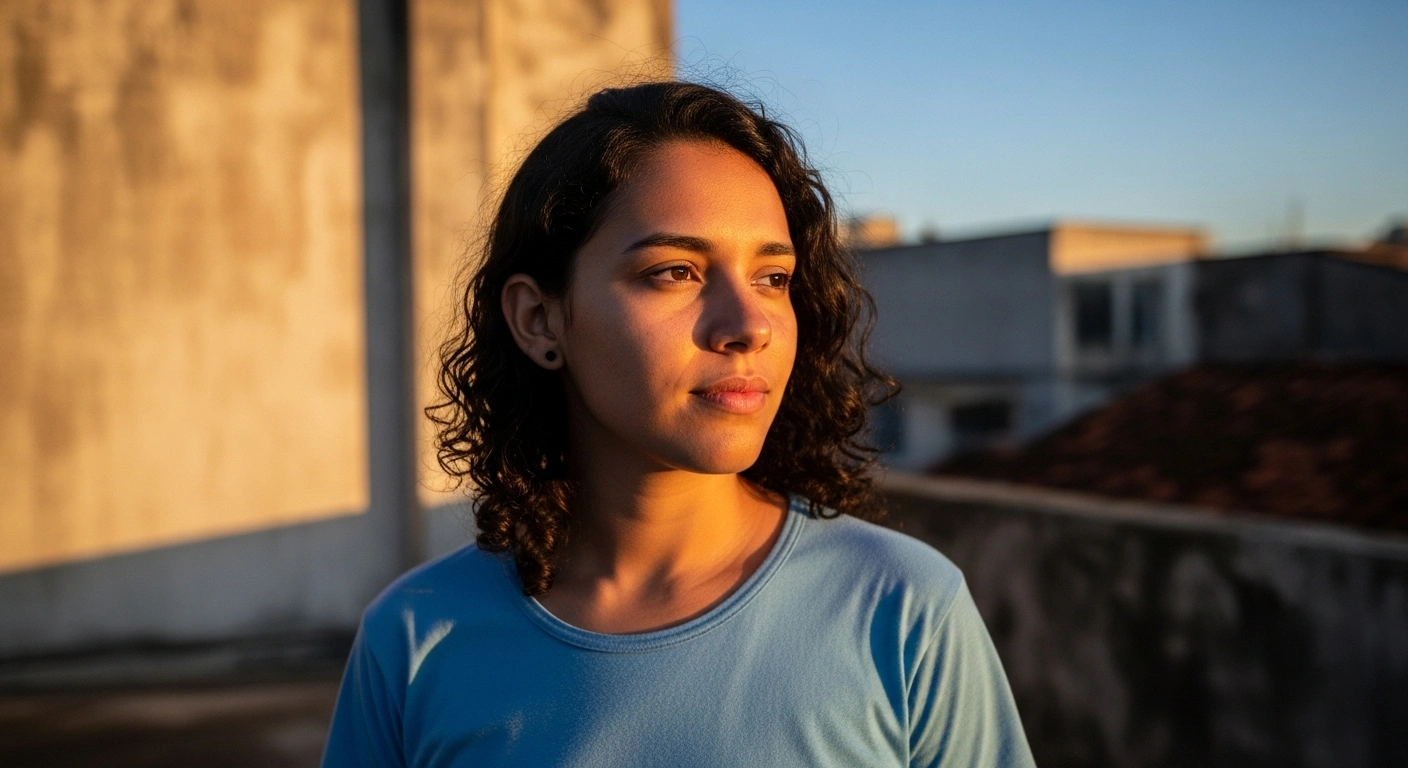 A young Brazilian person, aged 15-29, stands contemplatively in a sunlit urban setting, representing the 'neither-nor' generation experiencing a decrease in numbers but still facing socioeconomic challenges.