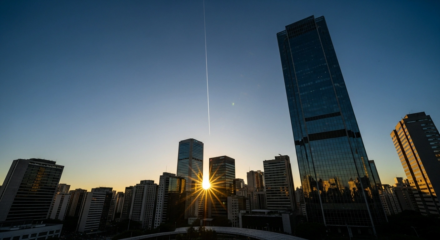 A modern skyscraper in the São Paulo financial district is bathed in the golden light of sunset, symbolizing the Brazilian Bovespa stock market reaching a new all-time high on February 10, 2026, driven by strong performances in real estate, consumption, and industrial sectors, including companies like Braskem and MRV Engenharia.