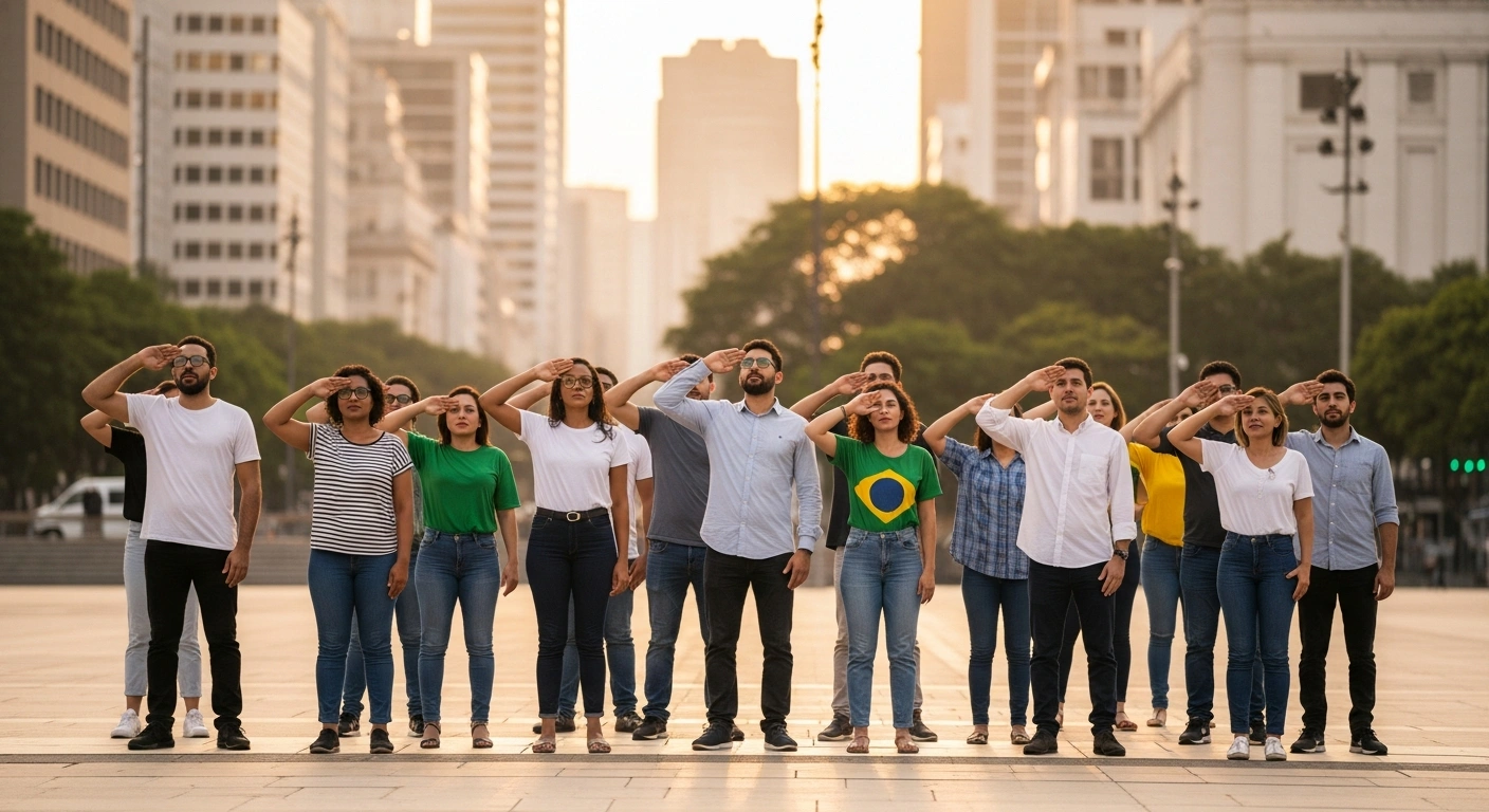 A diverse group of Brazilian citizens living abroad gathers in an urban plaza to represent the record-breaking number of overseas voters participating in the 2026 Brazilian elections.