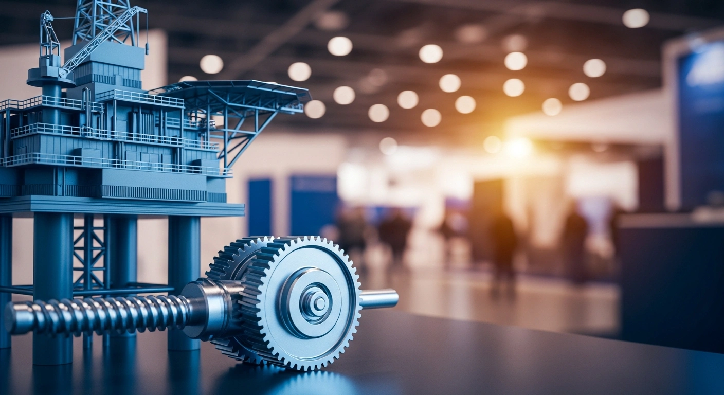 A detailed model of industrial machinery for the energy sector is displayed at the Offshore Technology Conference to represent the success of the Brazilian equipment industry.
