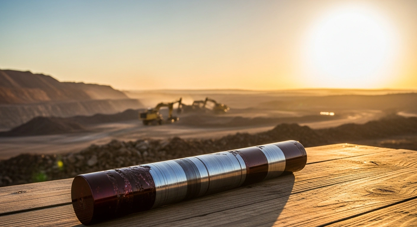 A close-up of a geological core sample representing rare earth mineral exploration at a Brazilian mining site.