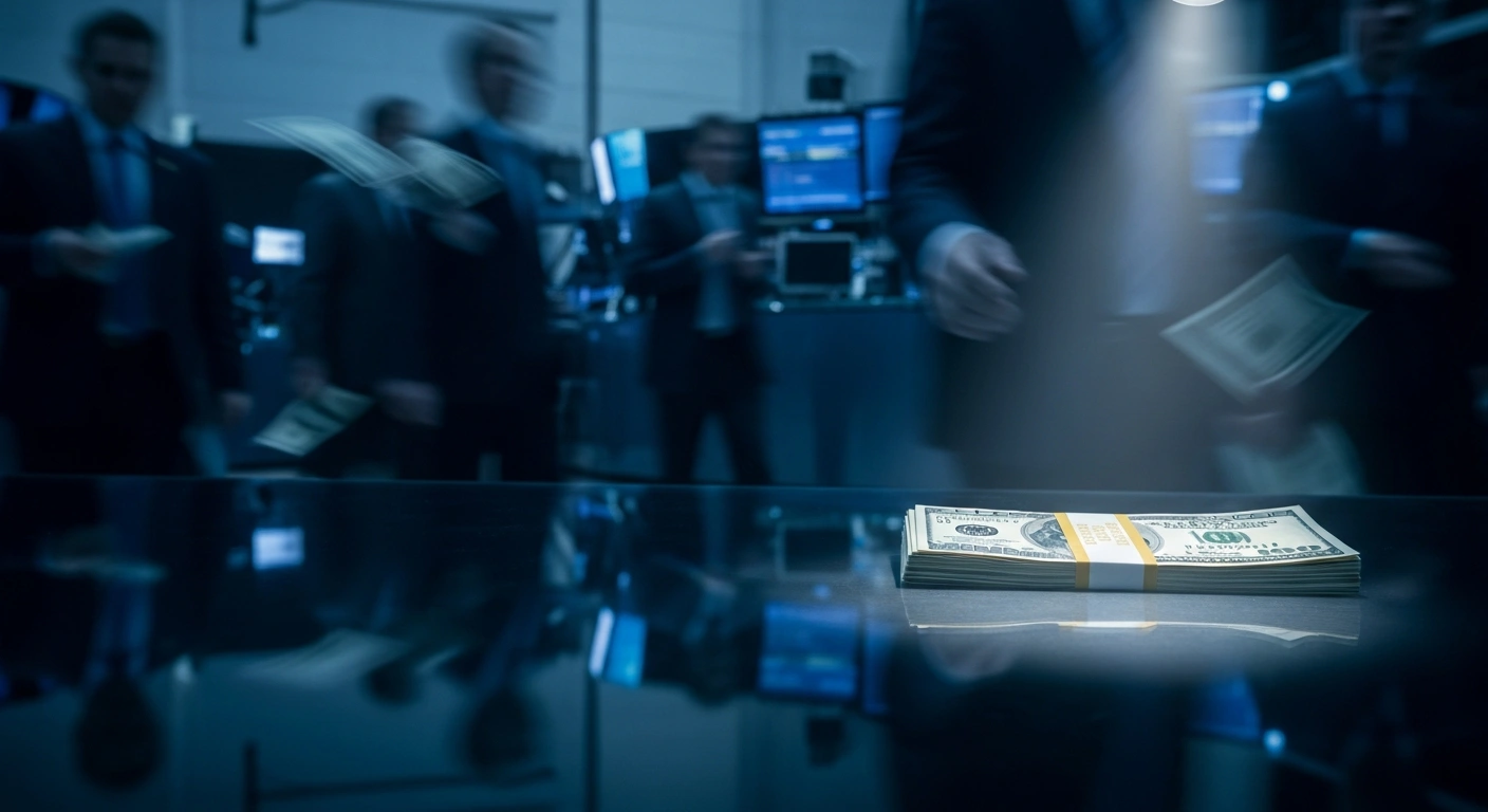 A stack of United States dollar bills sits on a desk as financial markets react to the depreciation of the Brazilian real due to geopolitical instability.