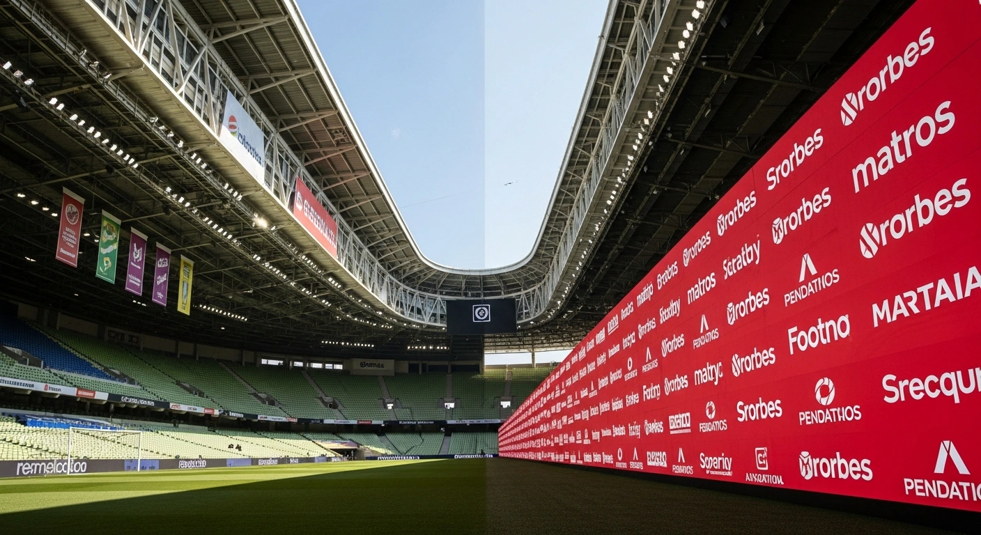 A wide, low-angle view of a stadium corridor shows a stark contrast between a dimly lit left side with desaturated, older-style banners representing declining betting company sponsorships, and a brightly illuminated right side featuring bold, dynamically colored new retail brand logos, symbolizing their increased presence in Brazilian state football championship naming rights.