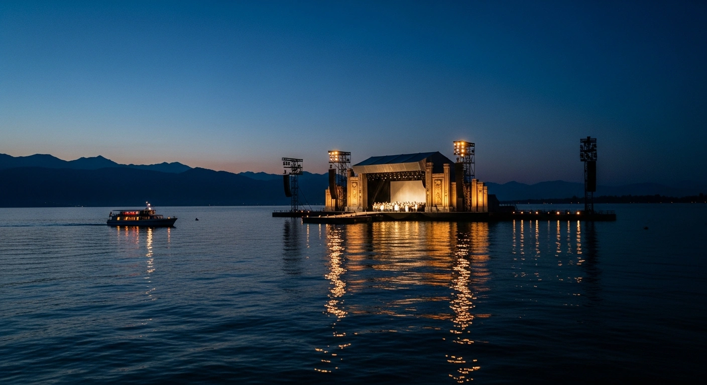 The iconic floating stage on Lake Constance hosts a grand production of La traviata for the 80th Bregenzer Festspiele in Austria.