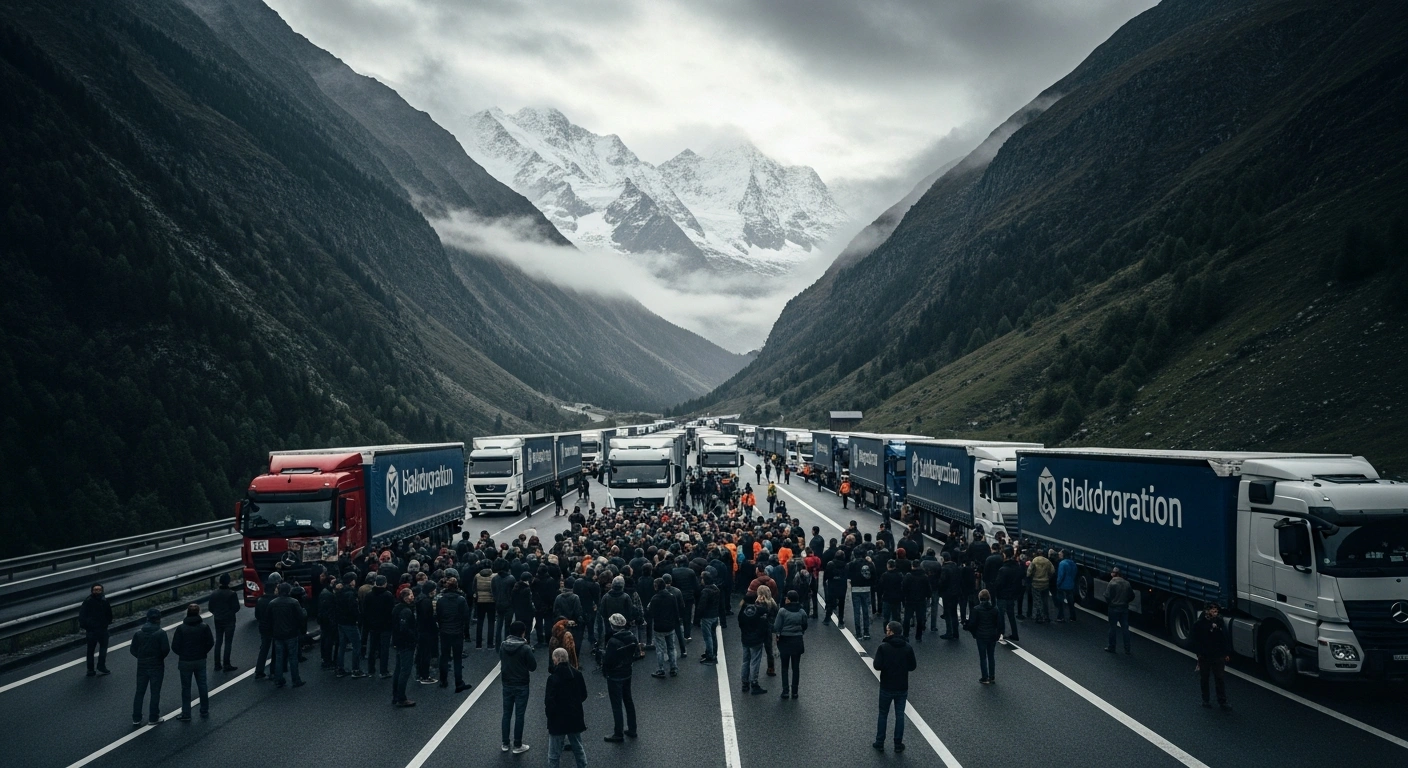 A large crowd of protesters blocks the Brenner transit corridor in Austria, causing a massive traffic jam of freight trucks against a backdrop of Alpine mountains.