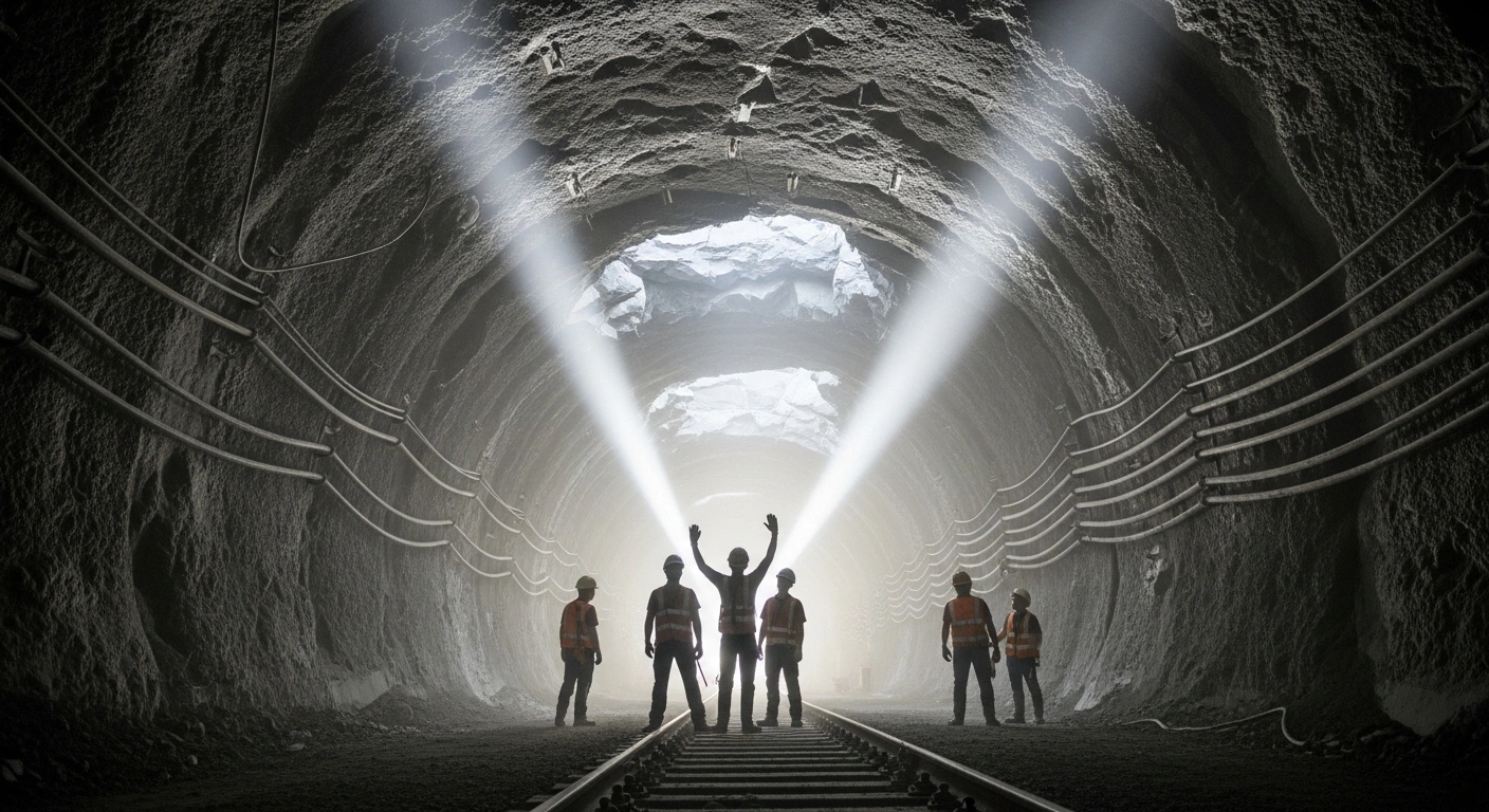 Hard-hatted workers stand illuminated by industrial floodlights deep inside the newly connected Brenner Base Tunnel, marking the completion of the exploratory tunnel and the establishment of an underground connection between Austria and Italy for the future 64-kilometer railway.
