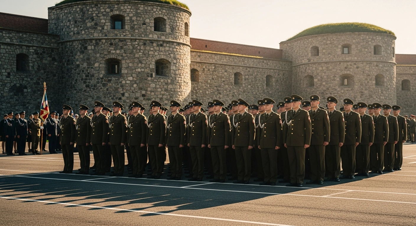 New recruits of the Brest Border Guard Group stand in formation during a military oath ceremony at the historic Brest Hero Fortress in Belarus.