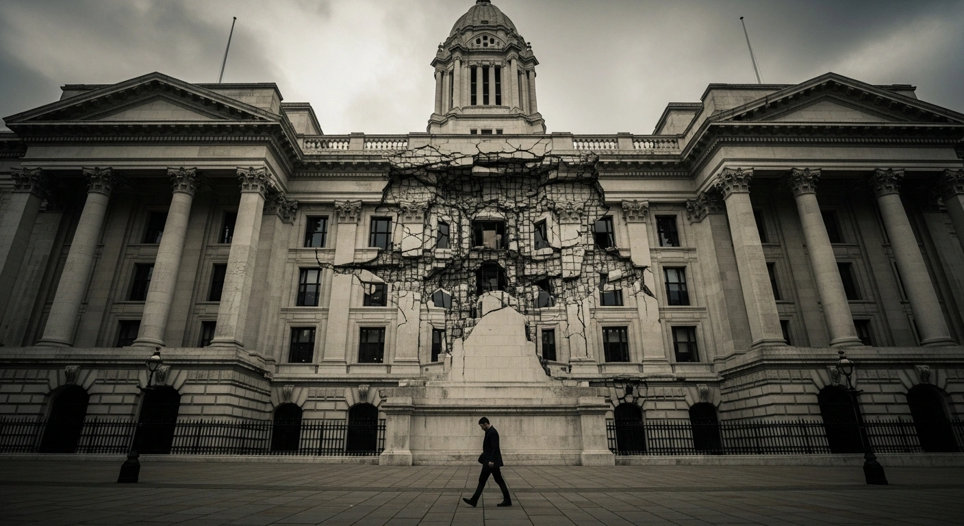 A wide, low-angle shot depicts a grand, historic British financial institution with deep, jagged cracks in its stone facade under a heavy, bruised grey sky, symbolizing the significant economic toll of Brexit on the United Kingdom's GDP, estimated at a loss of £180 billion to £240 billion.