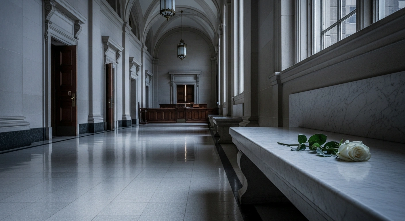 A somber image depicting an empty, dimly lit courthouse corridor with a wilting white rose on a marble bench, symbolizing the death of former Gauteng Health MEC Brian Hlongwa, who passed away at 60 before his corruption, fraud, and money laundering trial for R1.2-billion irregular transactions.