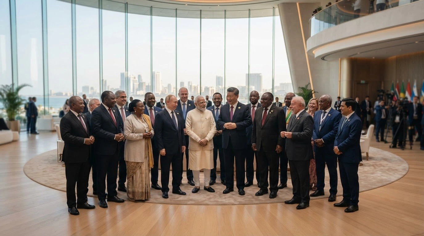 World leaders from BRICS nations and partner countries stand together at the BRICS Outreach/Plus summit to discuss global cooperation and economic integration.