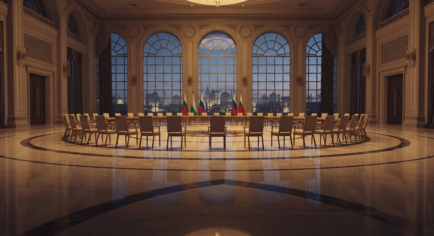 The interior of a grand conference hall in Kazan prepared for the 16th BRICS summit where leaders of emerging economies discuss global economic cooperation.