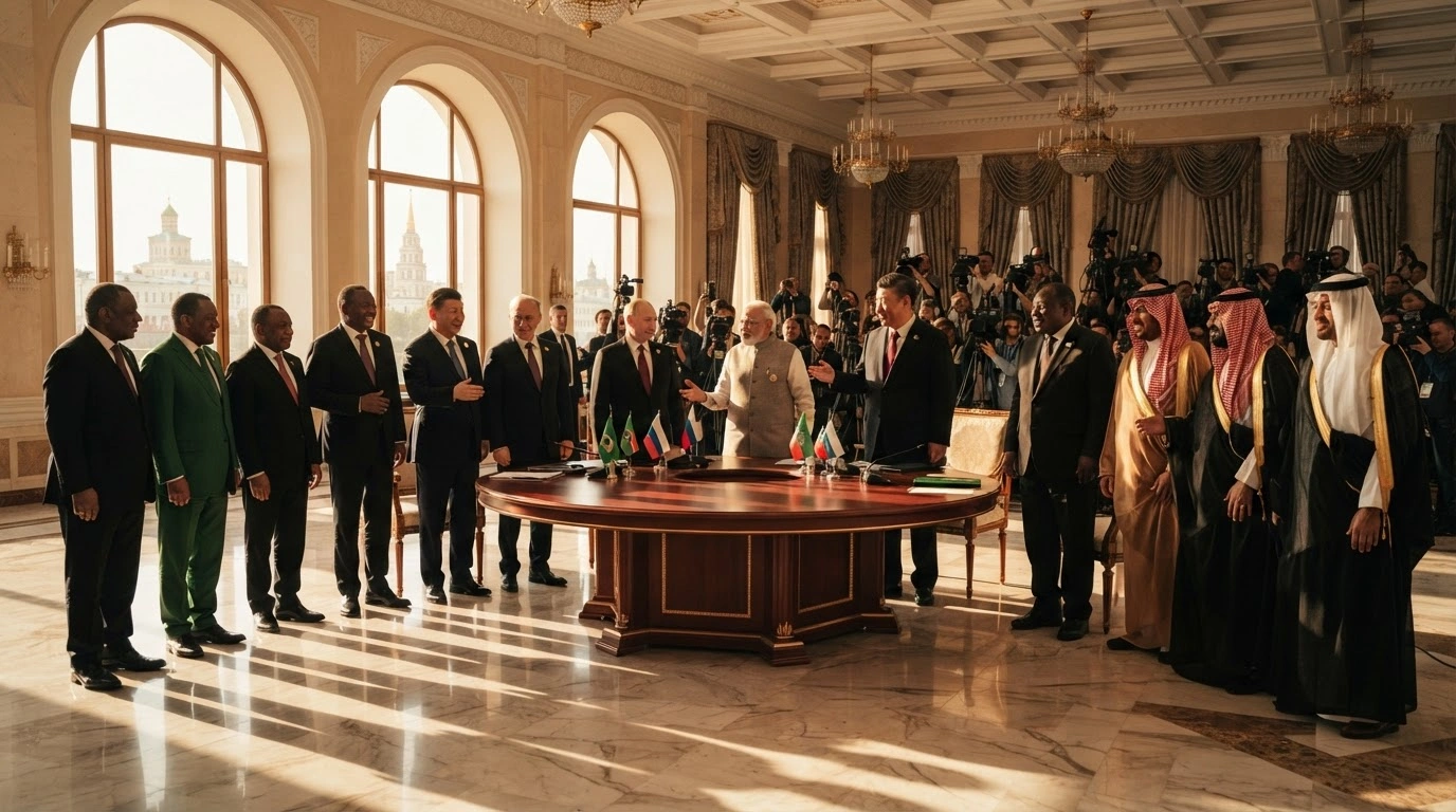 Diverse world leaders from BRICS nations stand together in a grand hall in Kazan, Russia, following the finalization of a joint declaration.