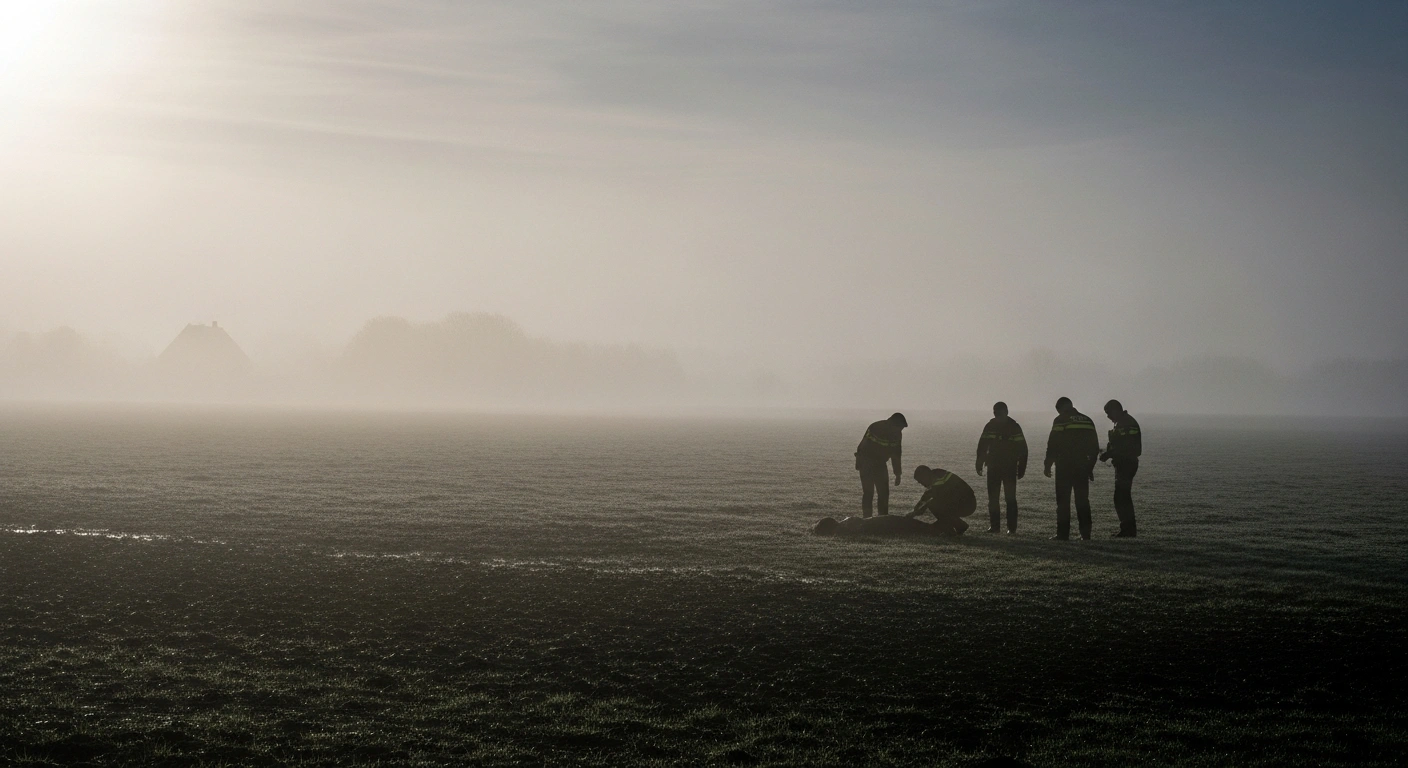 A wide, low-angle shot of a desolate, misty field at dawn in rural Belgium, showing a small group of investigators silhouetted against the fog, focusing on a point on the ground where the body of missing 21-year-old Brieg Luz was discovered in Denée, Anhée.