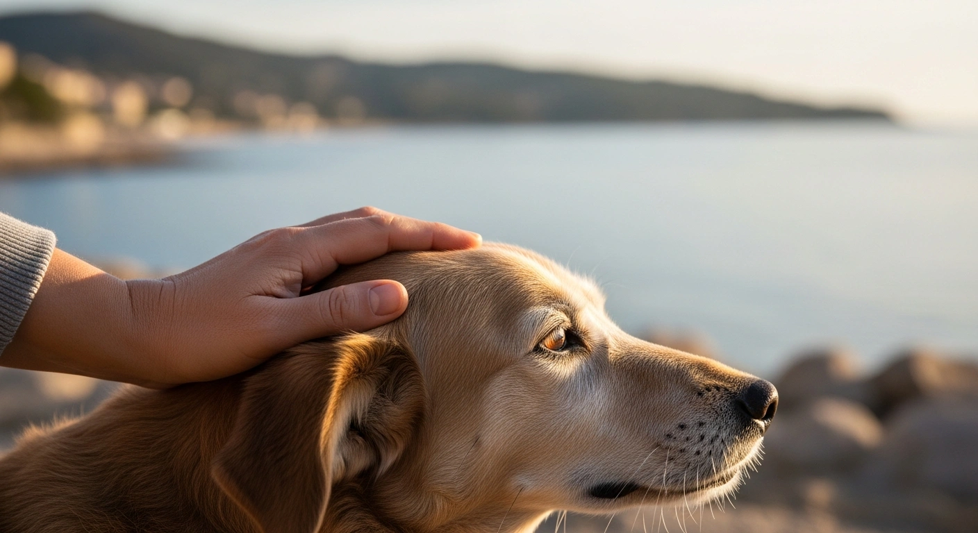 A close-up shot shows the hand of an elderly woman, reminiscent of Brigitte Bardot, gently petting a dog, with a sun-drenched Saint-Tropez coastline in the soft-focus background, symbolizing her dedication to animal welfare.