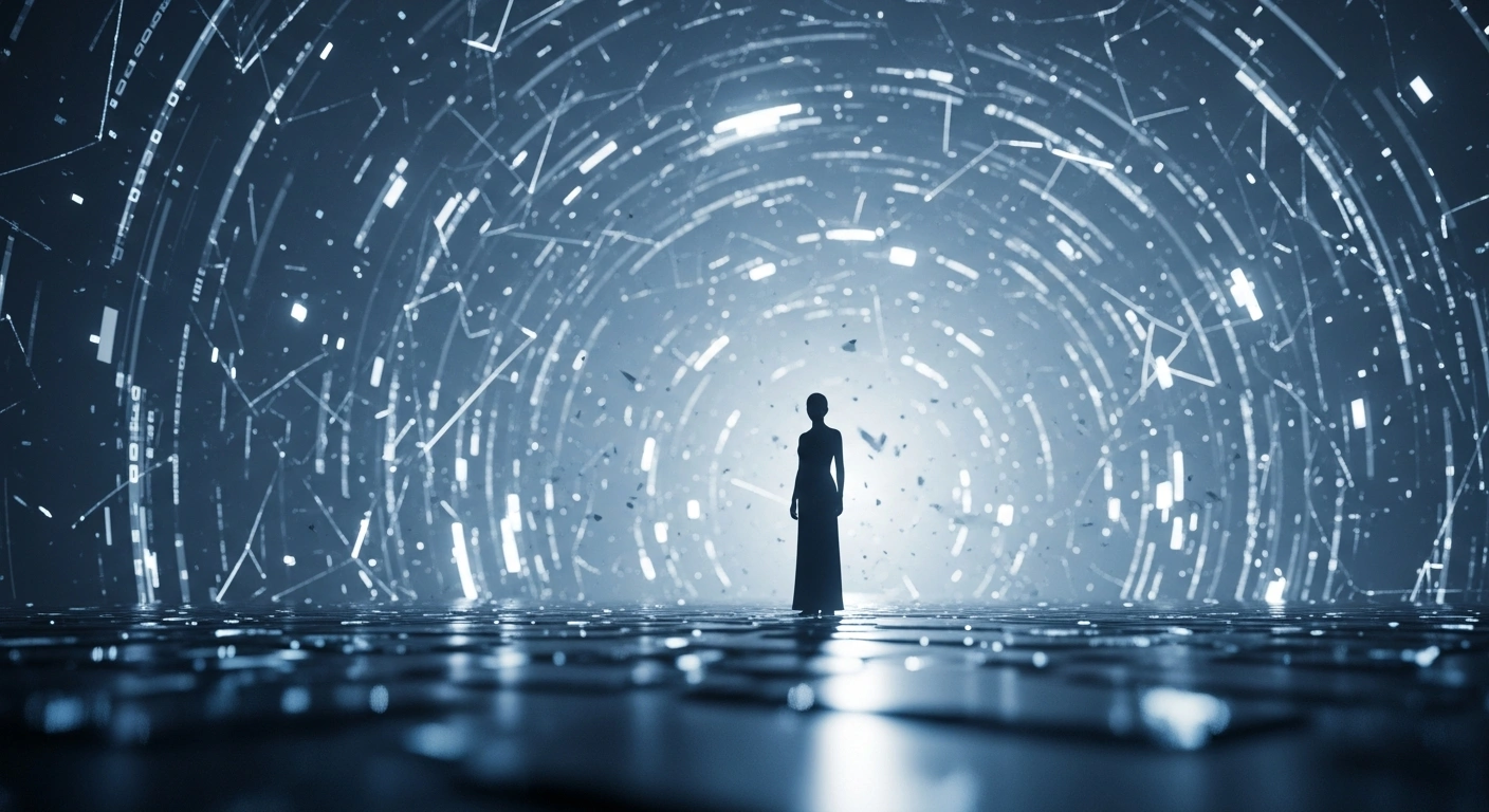 A solitary, elegant figure, representing France's First Lady Brigitte Macron, stands silhouetted against a swirling vortex of fractured, luminous digital data streams, symbolizing the cyber-harassment and false online claims that led to the conviction of 10 individuals in a Paris court.