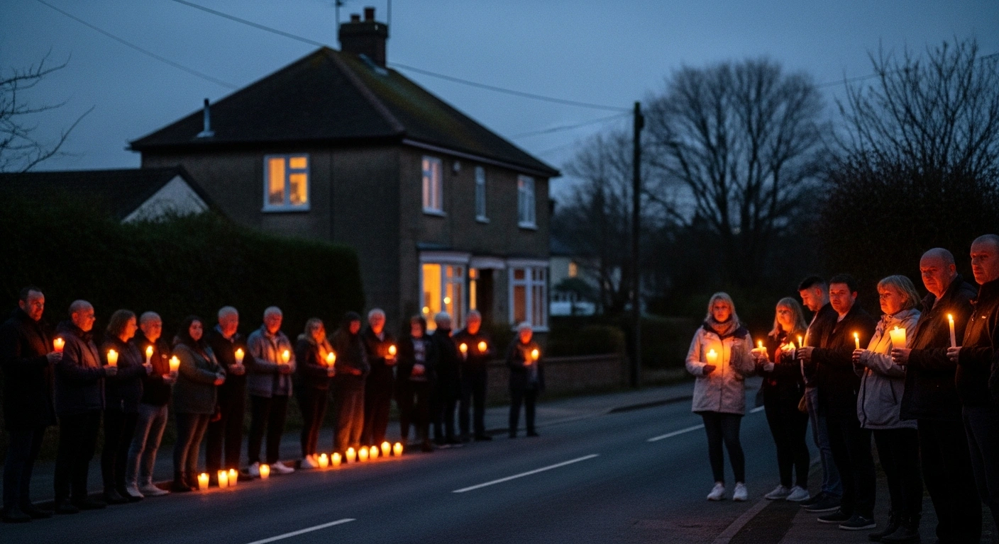 A wide, somber shot at twilight shows a small community gathered on a quiet street in Brimscombe, their faces softly illuminated by candlelight, with a modest, dark house in the blurred background, symbolizing collective grief and support for the Shearman family after a devastating house fire.