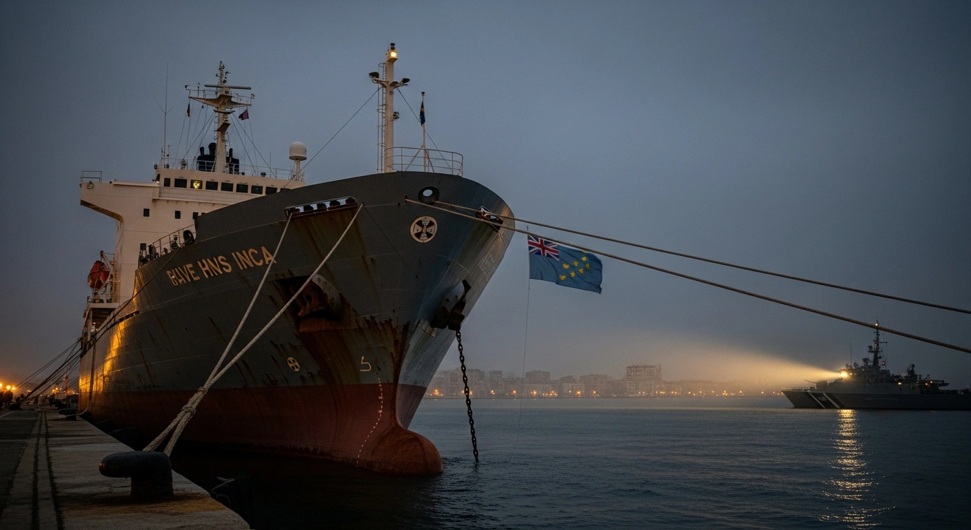 A large, weathered cargo ship, flying a faded flag, is dramatically illuminated by a spotlight from a patrol vessel at a misty Brindisi dock at pre-dawn, symbolizing its detention by Italian financial authorities for suspected EU sanctions violations involving black metal cargo from Russia.