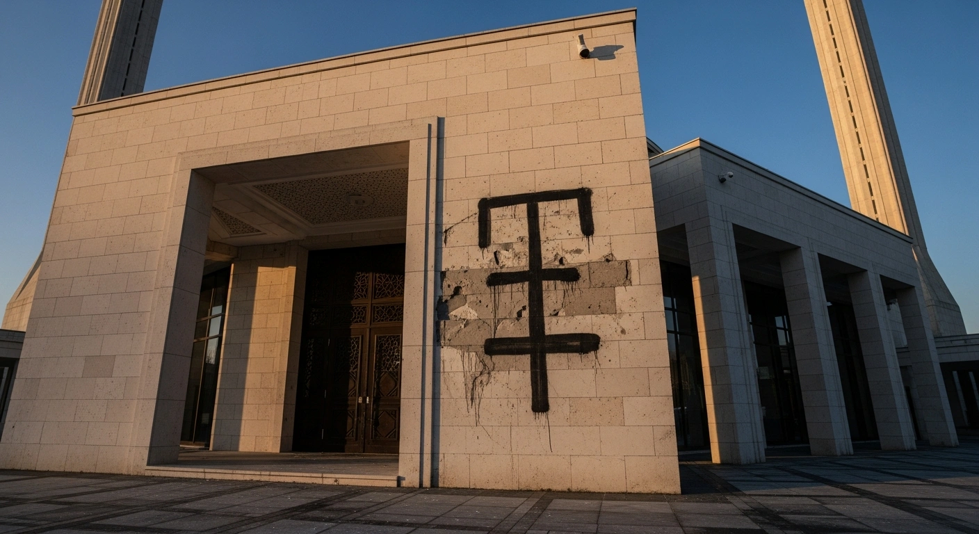The entrance of the Bald Hills Mosque in Brisbane, Australia, is shown at dawn, visibly defaced with a dark, crudely painted symbol on its wall, reflecting the recent anti-Muslim graffiti and swastika hate crime.