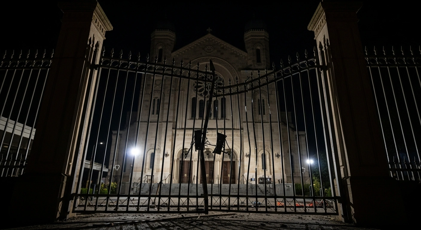 A damaged metal gate of the Brisbane Synagogue is illuminated by harsh artificial light at night, with a dark utility vehicle visible nearby, after a man allegedly rammed it in a targeted hate crime incident.