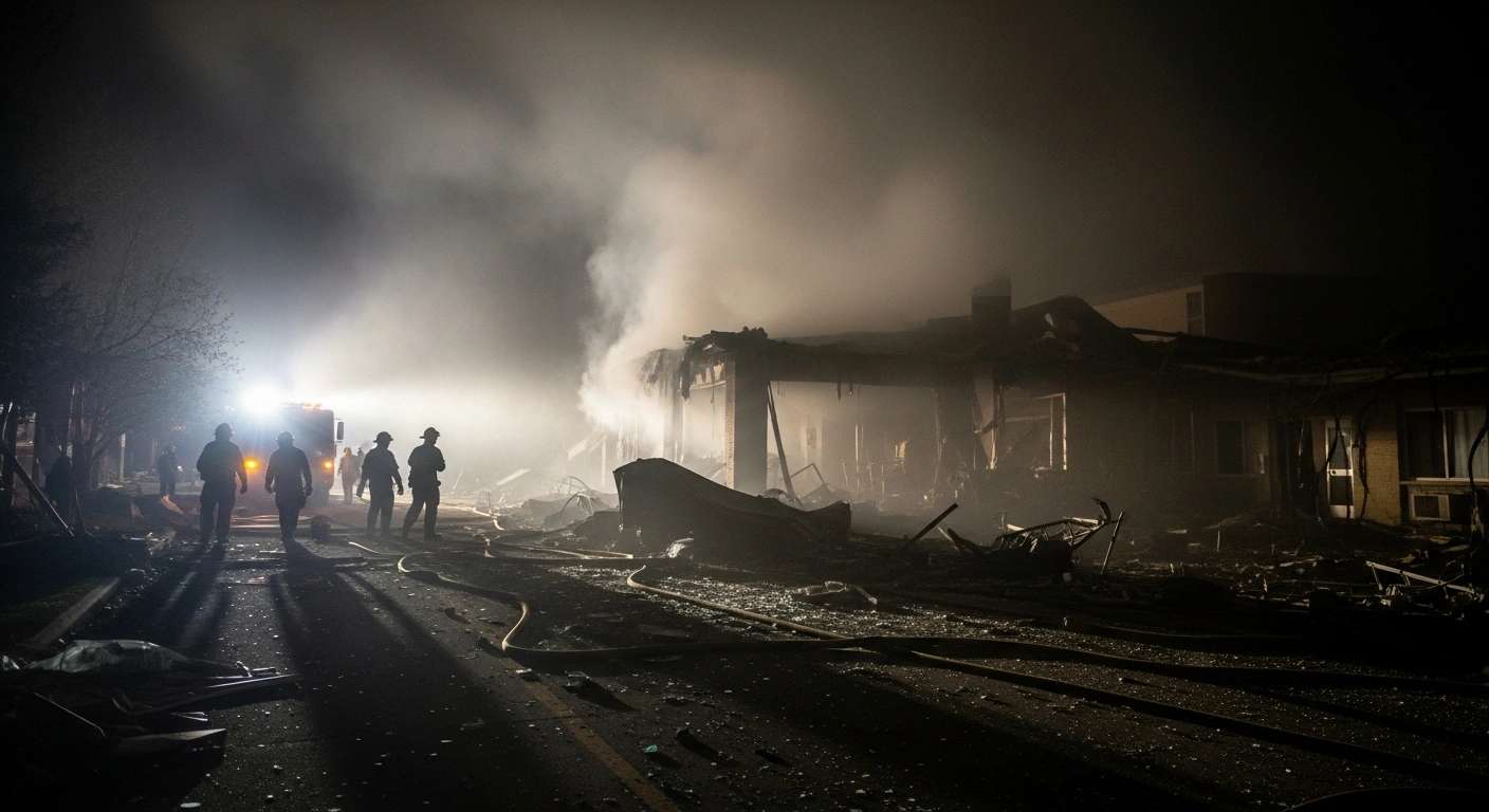 Emergency vehicles and rescue workers illuminate the partially collapsed Bristol Health & Rehab Center, also known as Silver Lake Nursing Home, in Bristol Township, Pennsylvania, following a powerful explosion suspected to be caused by a gas leak.