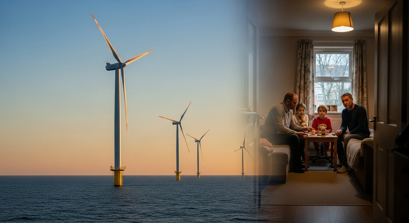 A cinematic image shows colossal offshore wind turbines bathed in golden dawn light, symbolizing Britain's record renewable electricity generation, juxtaposed with a dimly lit home interior where a family appears concerned about elevated energy bills.