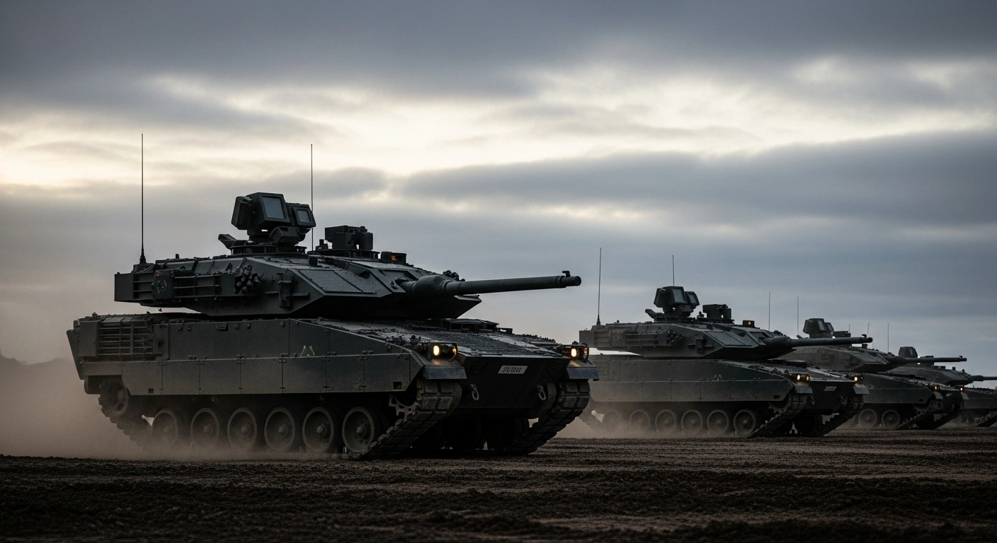 A squadron of British Army AJAX Armoured Fighting Vehicles is depicted at dawn, ready for deployment, showcasing their advanced reconnaissance and combat capabilities after achieving Initial Operating Capability.