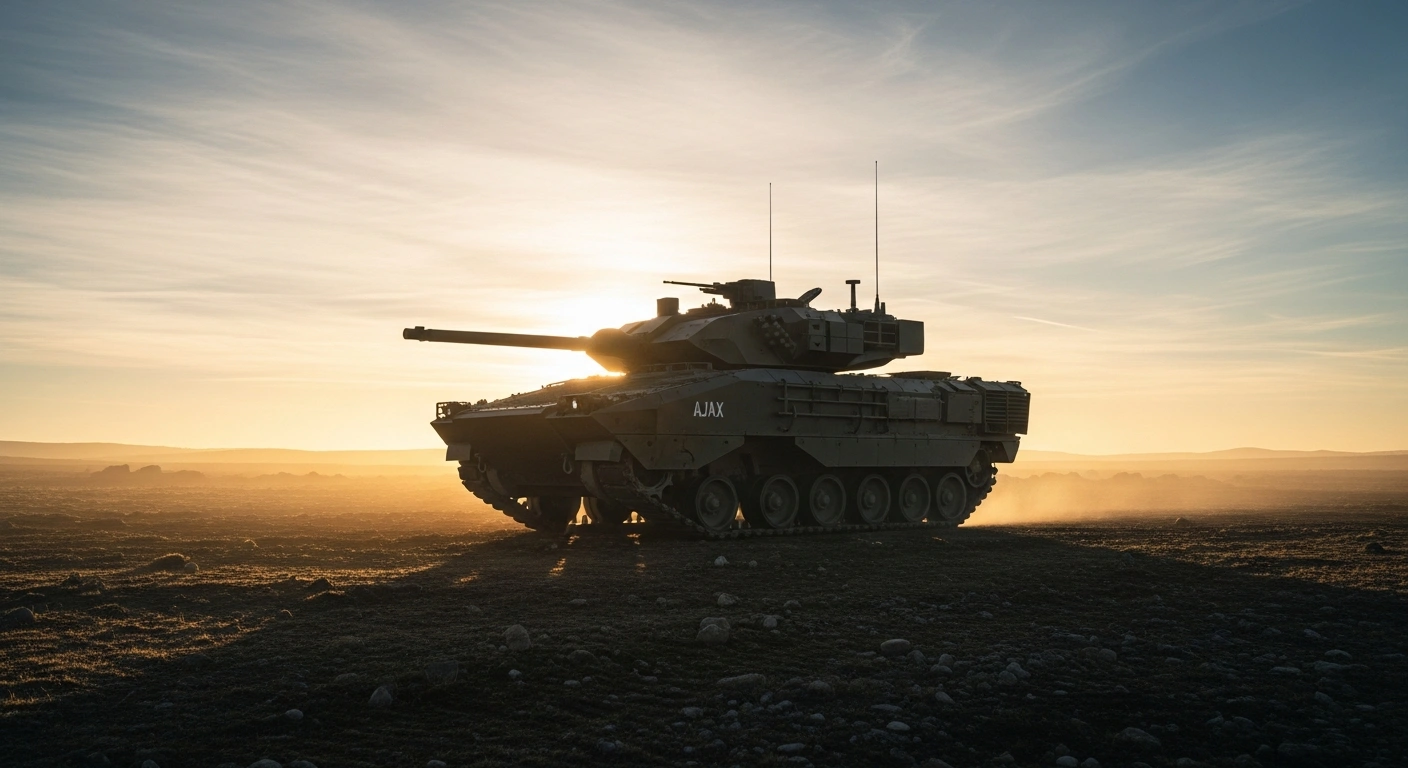 A British Army AJAX Armoured Fighting Vehicle stands powerfully at dawn in a rugged, hazy landscape, its modern silhouette highlighted by the golden light, representing its recent Initial Operating Capability and readiness for deployment as the UK's first new armoured fighting vehicle in nearly three decades.