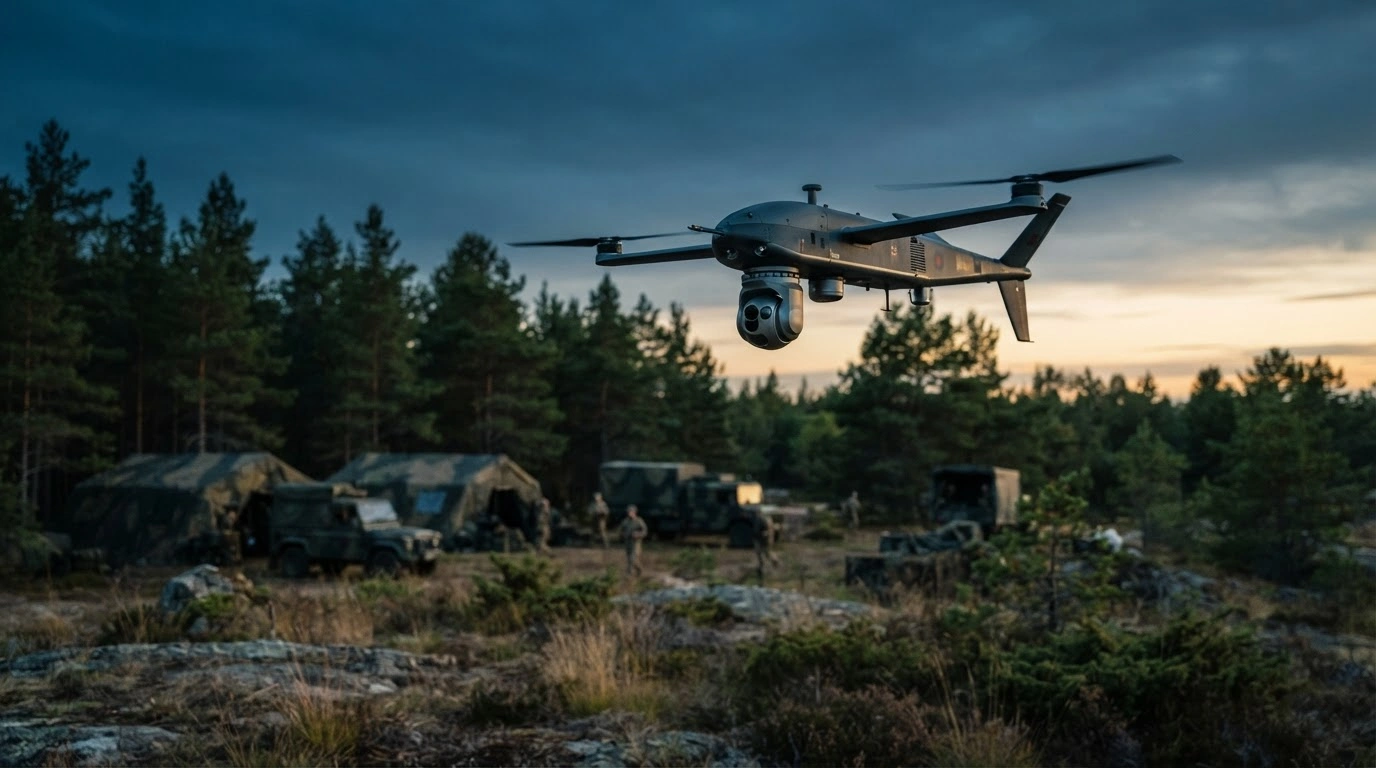 A British Army drone flies over the Tapa military base in Estonia to enhance NATO situational awareness.