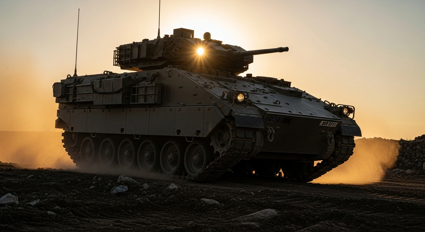 A British Army Titan armoured engineer vehicle, recently upgraded, navigates challenging, rugged terrain at sunset, kicking up dust to demonstrate its enhanced battlefield mobility and obstacle clearance capabilities.