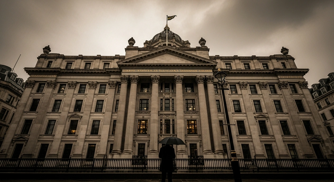 A lone, silhouetted businessperson stands hunched under a weak streetlamp in front of a rain-slicked London financial building, symbolizing British business confidence at its lowest point in three years, impacted by concerns over taxation, regulatory burdens, and rising costs following Finance Minister Rachel Reeves' Autumn Budget.