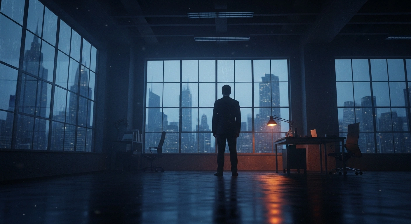 A silhouette of a business executive stands in a dark office overlooking a city, representing the economic challenges and rising operational costs faced by British businesses.