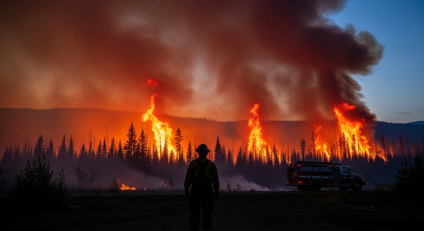 A massive wildfire burns through a forest in British Columbia as emergency crews work to contain the out-of-control blaze.