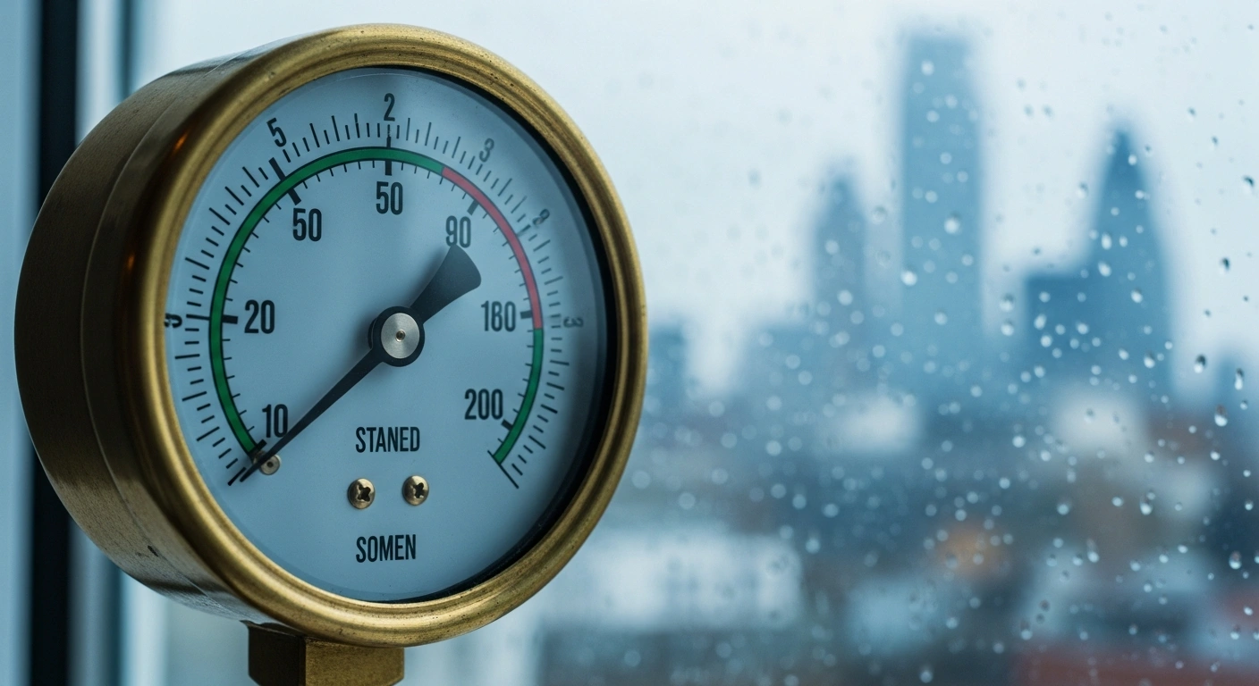 An antique, industrial-style pressure gauge with a brass casing is shown in a close-up, its needle steadily descending from a red-marked high-pressure zone towards a central green zone, set against a blurred London skyline, symbolizing the recent drop in British inflation expectations and the increased likelihood of an interest rate cut by the Bank of England.