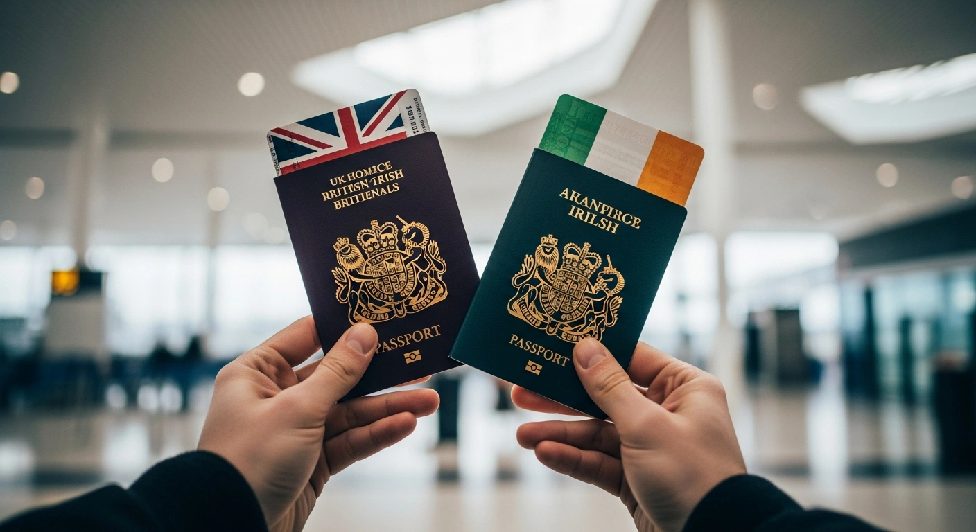 A person's hands are shown holding open a British passport and an Irish passport, with the blurred background of a modern airport terminal, illustrating the requirement for British-Irish dual nationals to carry valid proof of citizenship for travel under the Electronic Travel Authorisation (ETA) scheme.
