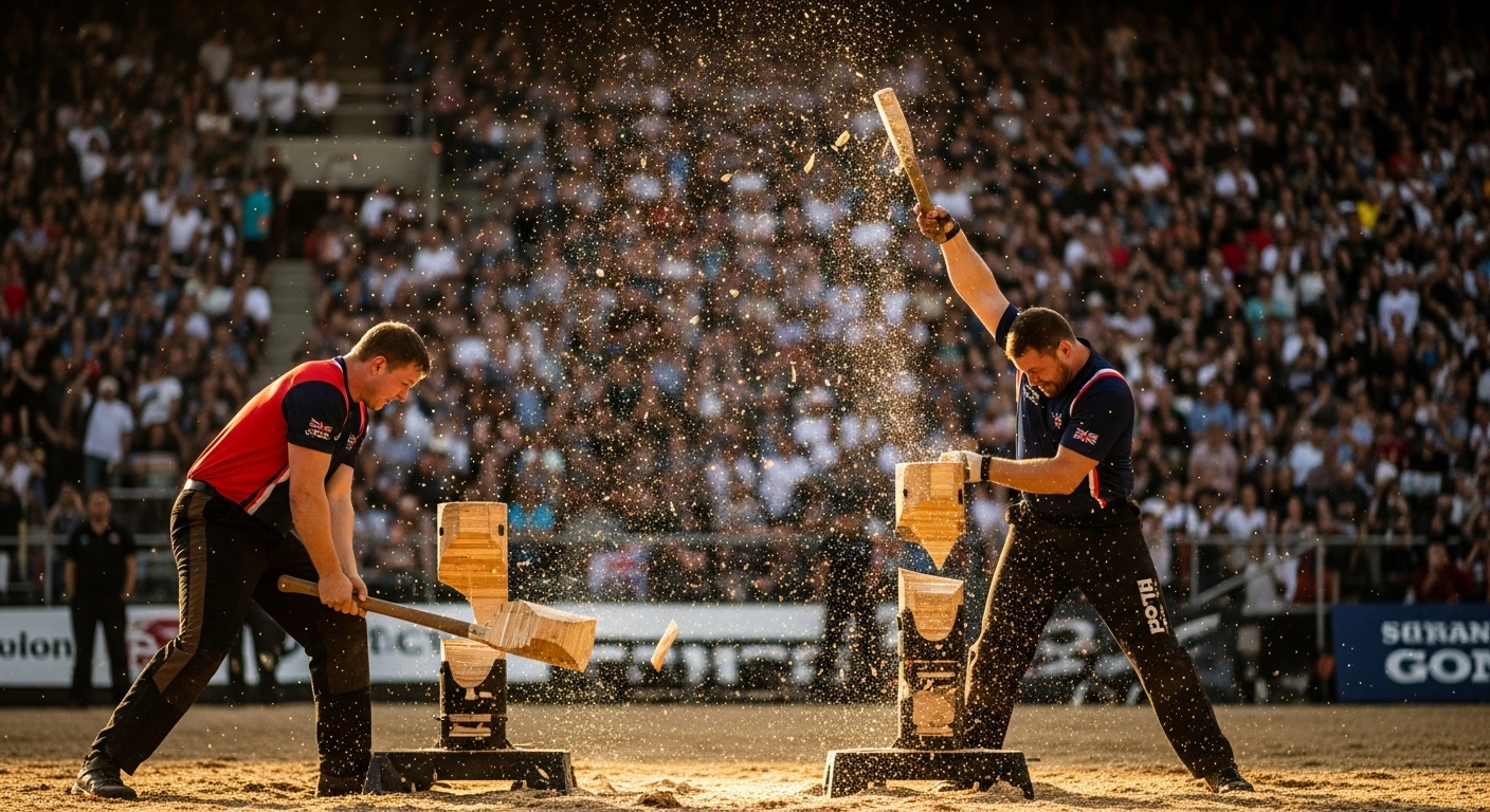 British lumberjack athletes Glen Penlington and Graham Turner compete in a high-stakes wood-chopping event at the STIHL TIMBERSPORTS World Trophy.