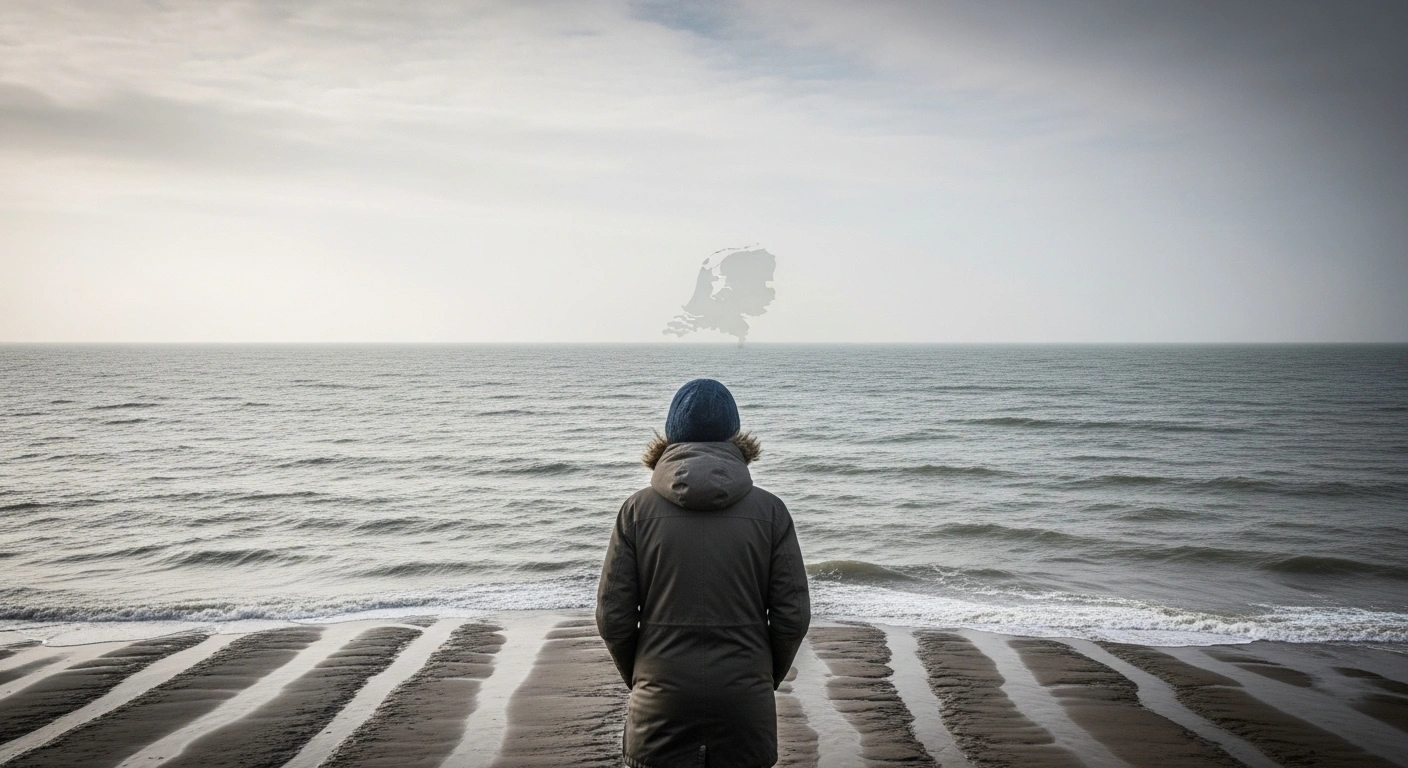 A lone figure stands on a windswept British coastline, gazing across a grey, choppy sea towards the faint outline of the Dutch coast under an overcast sky, symbolizing the post-Brexit decline in British nationals moving to the Netherlands.