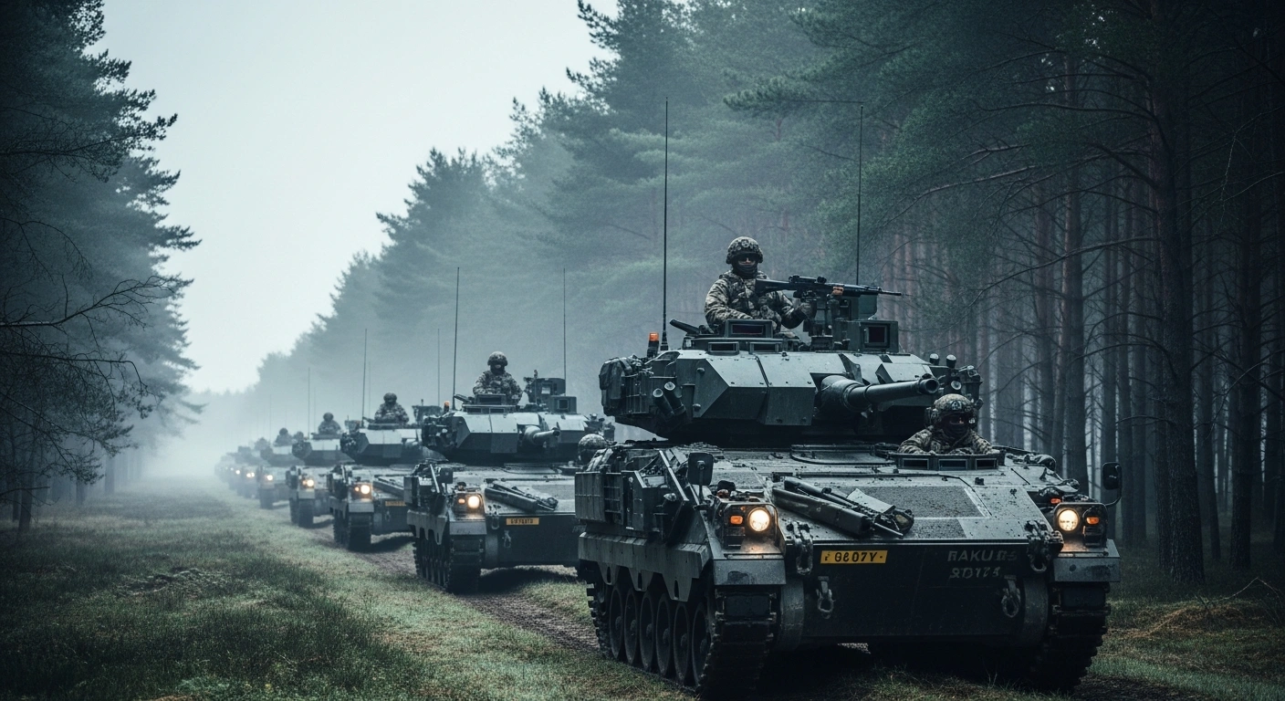British soldiers and armored vehicles arrive in an Estonian forest to participate in the Spring Storm military exercise to strengthen NATO's eastern flank.