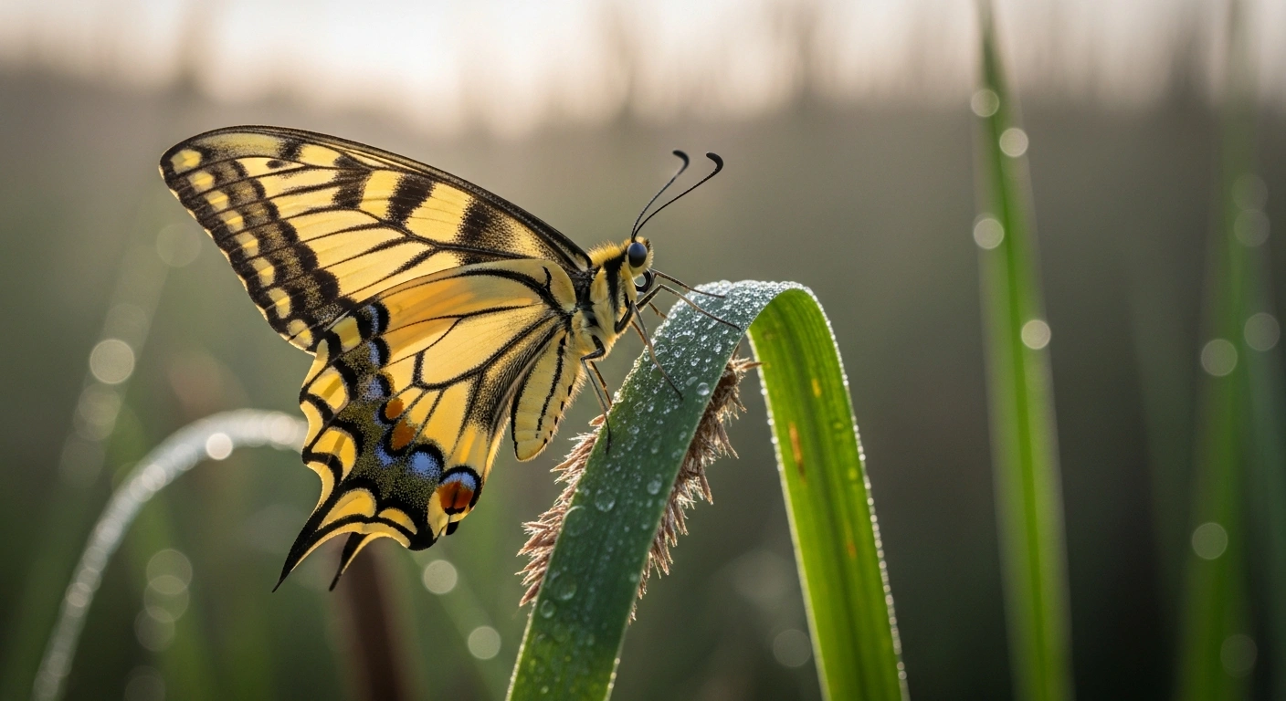A rare British swallowtail butterfly rests on a plant in the Norfolk Broads, representing the unique evolutionary history of this subspecies.
