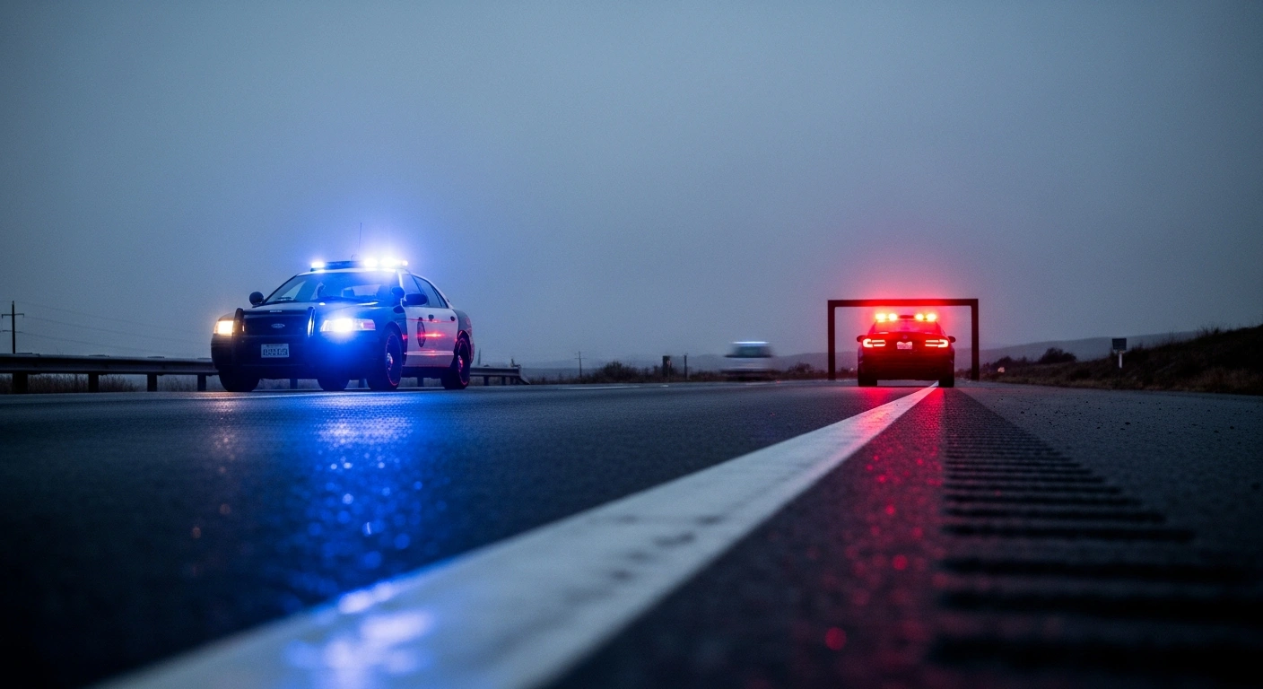 California Highway Patrol officers conduct an investigation at a traffic stop involving a luxury vehicle on a highway at night.