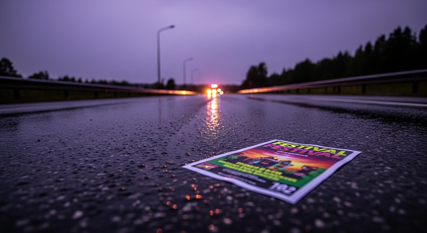 A somber, rain-slicked road at dusk reflecting distant emergency lights, with a discarded festival flyer in the foreground, symbolizing the tragic vehicular homicide of Milena Marangon and Giorgia Cagliani in Brivio, Lecco, Italy, by a driver under the influence of narcotics.