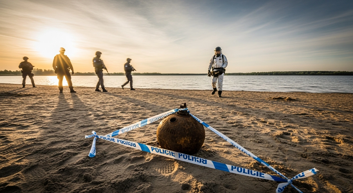 A police pyrotechnic expert approaches an unexploded munition found by metal detectorists on a crowded beach at the Brno reservoir in the Czech Republic.