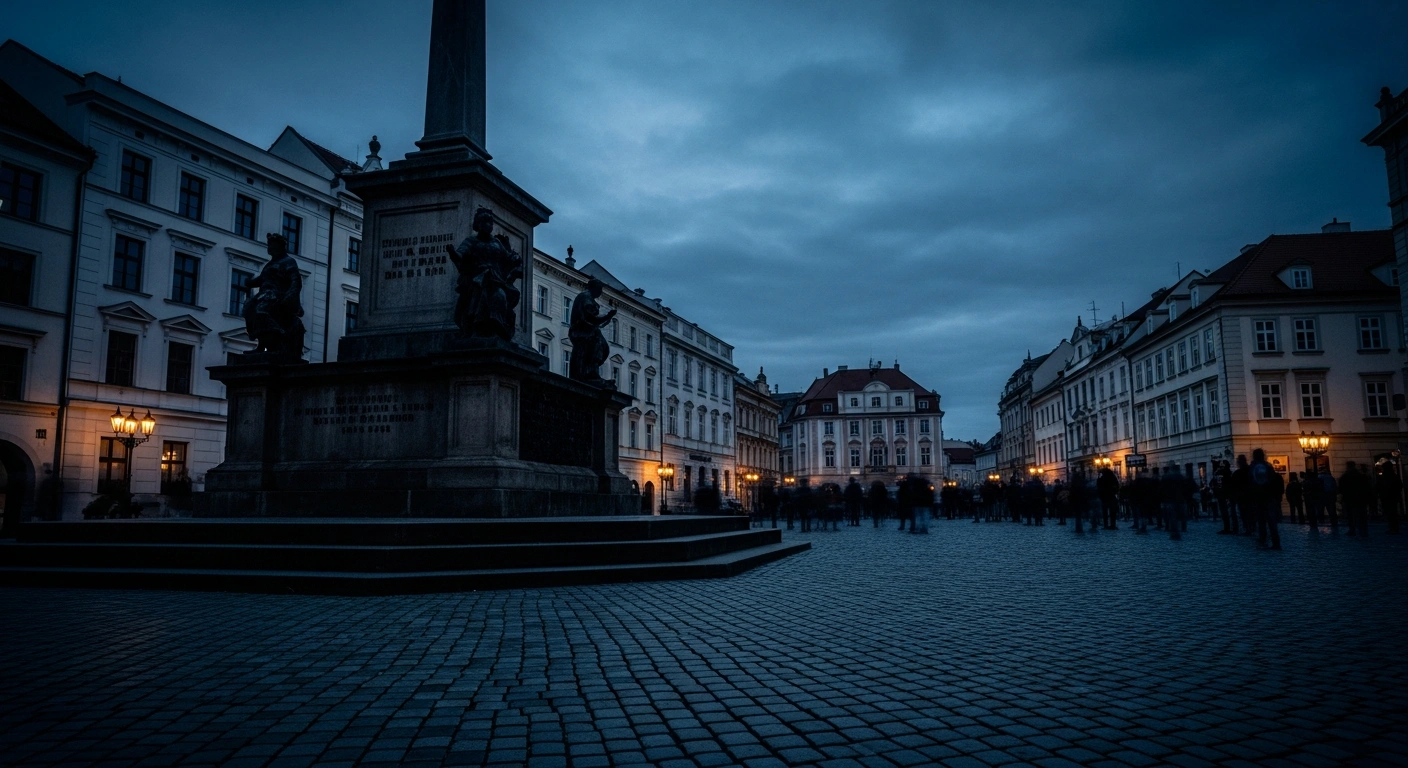 A somber view of a historic square in Brno, Czech Republic, where historical tensions persist regarding the post-World War II expulsion of ethnic Germans.