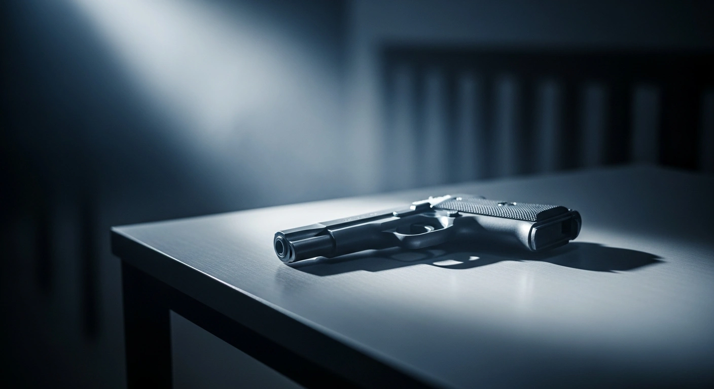 A forensic handgun presented as key evidence in the murder trial of Brown Mogotsi sits on a table in a South African courtroom.