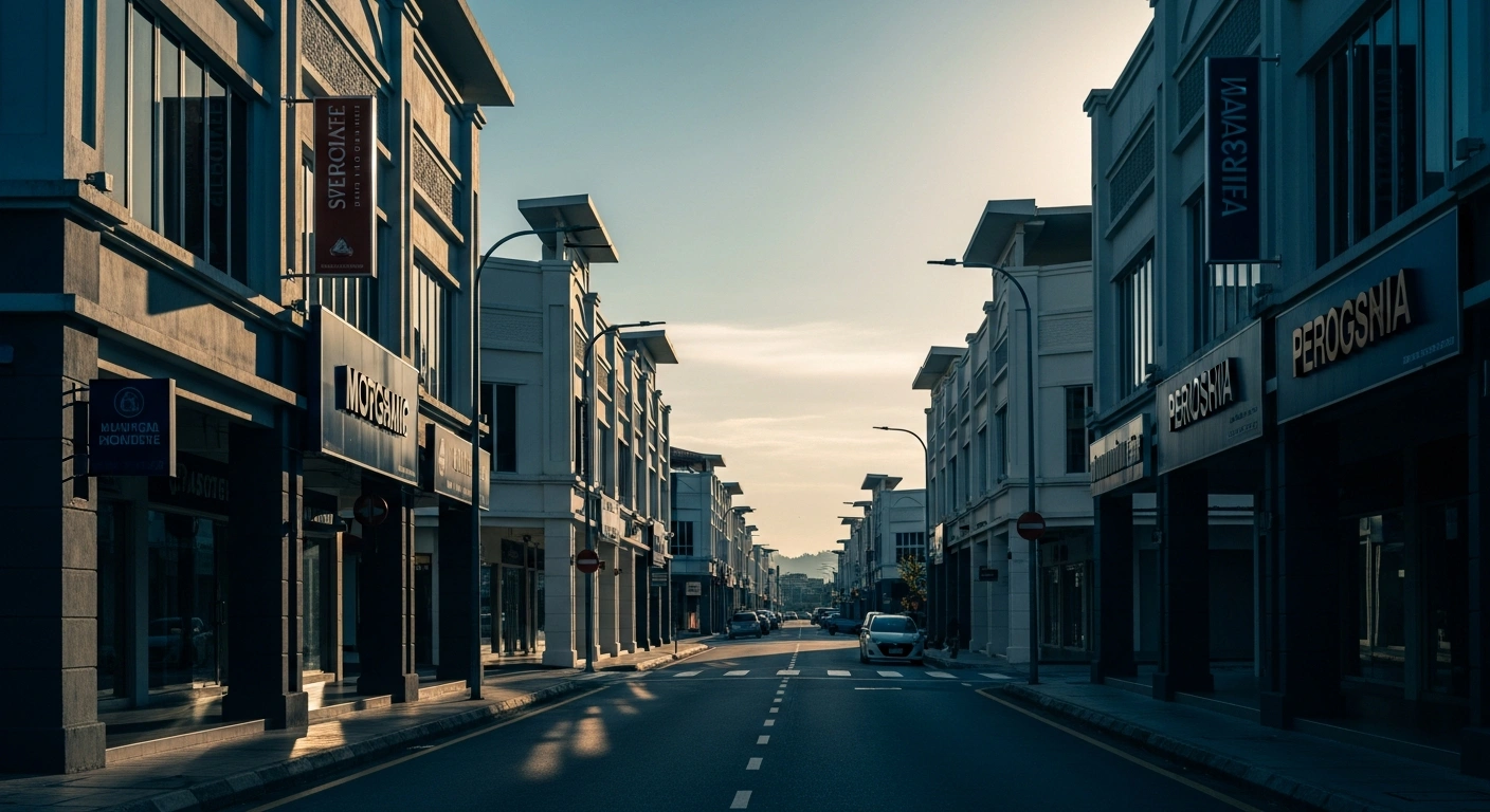 A quiet commercial street in Brunei captures the cooling business sentiment and reduced consumer spending reported by the Brunei Darussalam Central Bank.