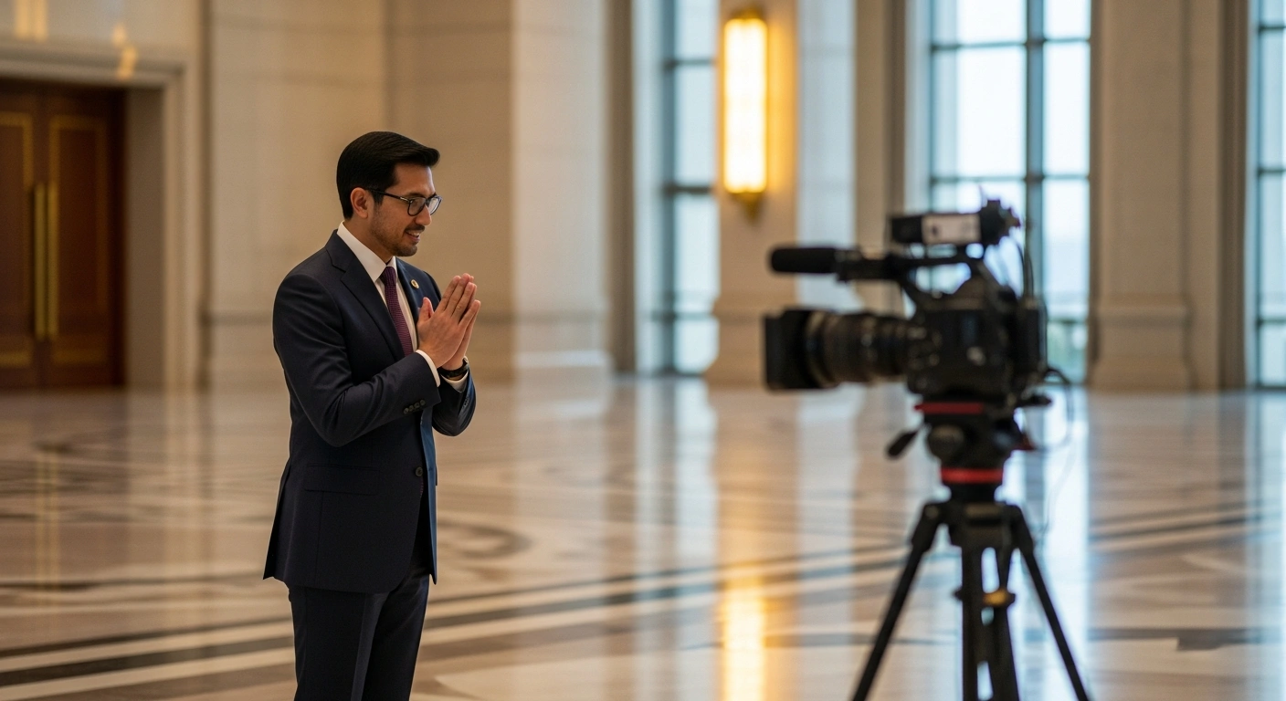 Crown Prince Haji Al-Muhtadee Billah of Brunei stands in a grand hall during his official diplomatic visit to China to strengthen bilateral relations.