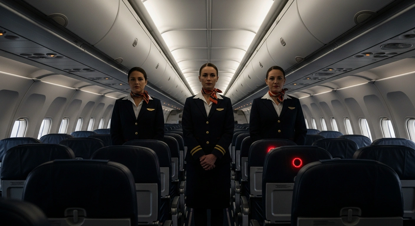 Three flight attendants stand in a dimly lit, empty airplane cabin, their defiant posture and a subtle red glow from a seat cushion symbolizing the potential Brussels Airlines strike over bedbug concerns on an Accra, Ghana flight.